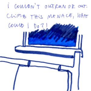 Diary comics, panel 3. We can see a part of a headboard and a window, it's a bit lighter outside. Caption: I couldn't outrun or outclimb this menace, what could I do?!