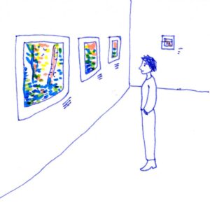 Diary comics, 2 panels. Panel 1: A woman wearing short hair, sweater and jeans is standing in front of a colorful painting in a museum. Her expression is solemn. There are 3 other paintings in the background.