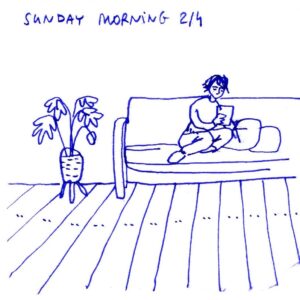 Diary comics, 4 panels. Panel 2: A woman is reading from an ebook reader on the couch, now leaning over. There's a large plant to the left of the couch.