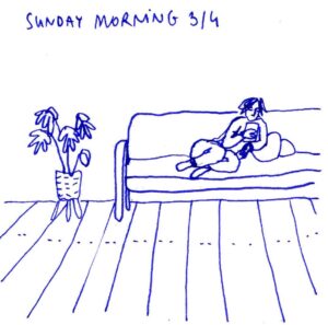 Diary comics, 4 panels. Panel 3: A woman is reading from an ebook reader on the couch, now leaning lower on her elbow. There's a large plant to the left of the couch.