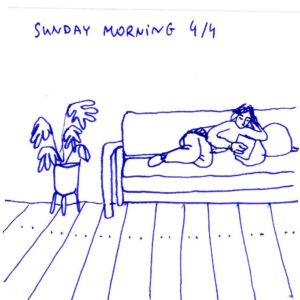 Diary comics, 4 panels. Panel 4: A woman is reading from an ebook reader on the couch,now lying down on some pillows. There's a large plant to the left of the couch.