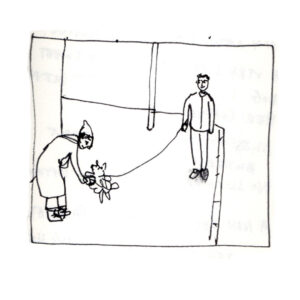 Diary comics, or rather a sketch. Julia, a woman wearing a long coat, bends down to pet a tiny jumping dog who's on a leash held by a man standing on the side.