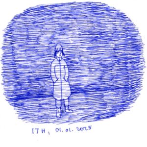 Diary comics, 2 panels. Julia is standing outside in the dark. Caption: 17h, 01.01.2025