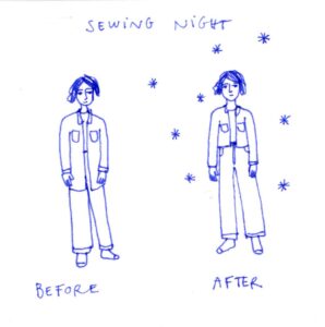 Diary comics, 1 panel. Title on top: Sewing night. Before and after pictures of Julia wearing a long shirt and jeans before sewing, then wearing a cute short jacket after sewing. There are some stars as decoration around the after picture.