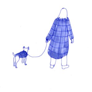 Diary comics, one panel. A woman wearing a purple coat is walking a small dog, who is also wearing a purple coat.