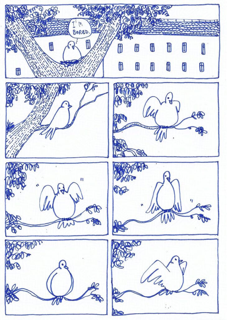 Pigeon comics. The pigeon is sitting alone in the nest, thinking: I'm bored. It leaves for a branch to bounce up and down.