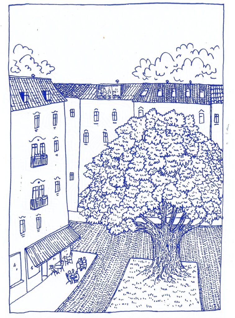 A blue ink drawing on white paper of a corner cafe and a large tree from aerial view. Part of the pigeon comics.